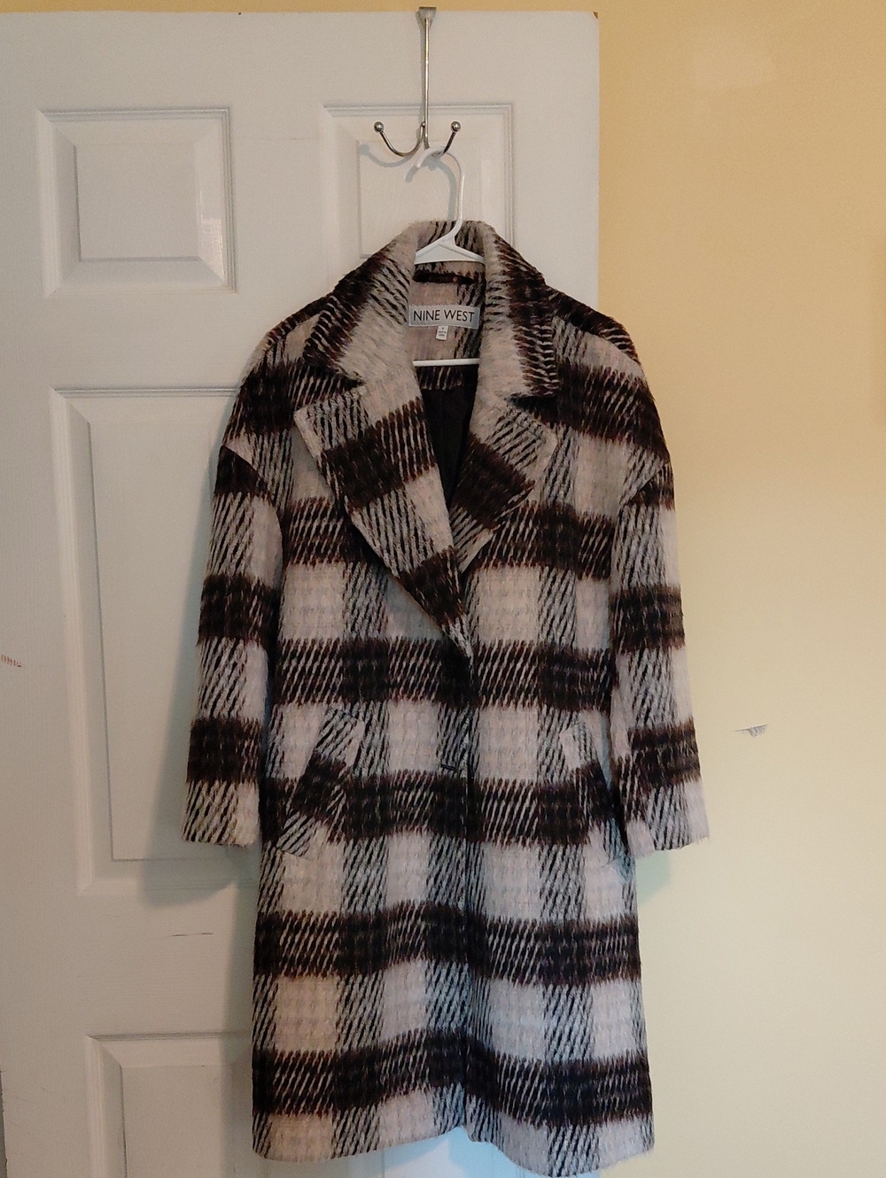 Nine West Black & White Plaid Long Pea Coat